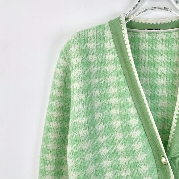 Miu Miu Green Checkered Knitted Cardigan Jacket With Pearl Details & Pockets Siz - Picture 7 of 8